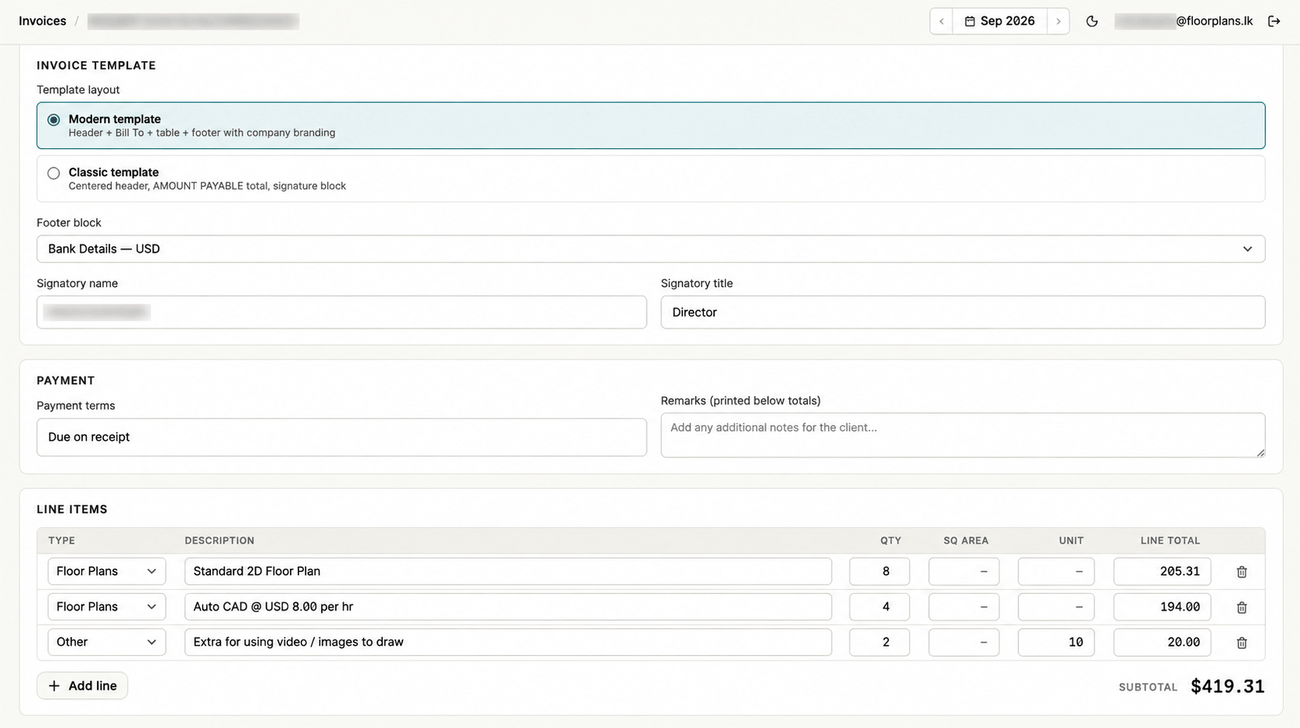 Building an invoice: template, payment terms and line items with a running subtotal.