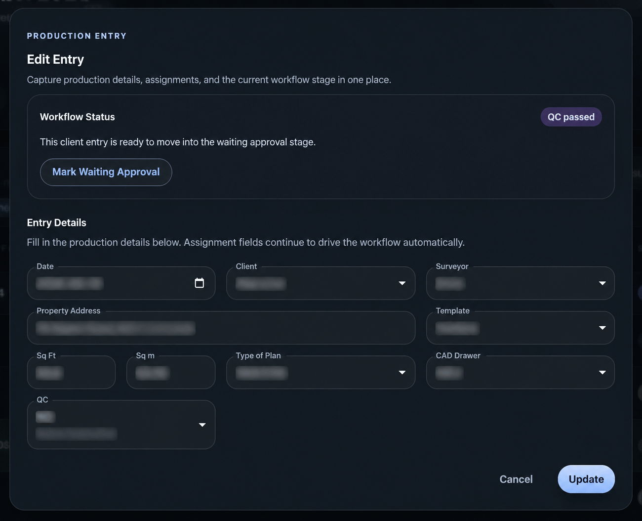 Editing one production entry: its workflow status, the details and who it is assigned to.