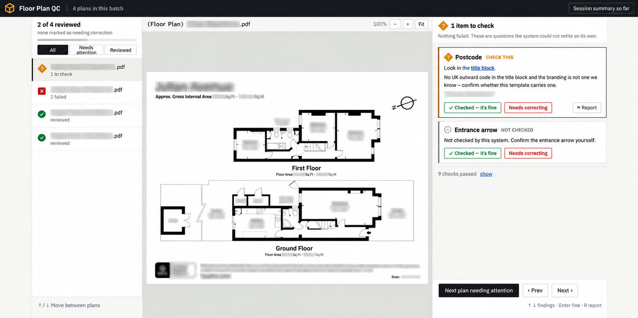Floor Plan QC: a batch of plans, the one being reviewed, and the checks still needing a decision.