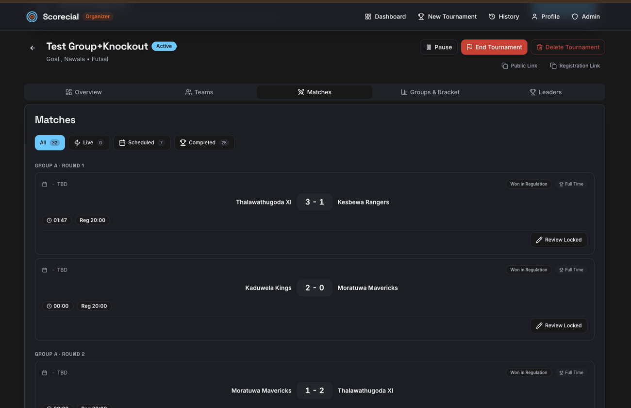 The match list for a tournament: each round with its scores and status.
